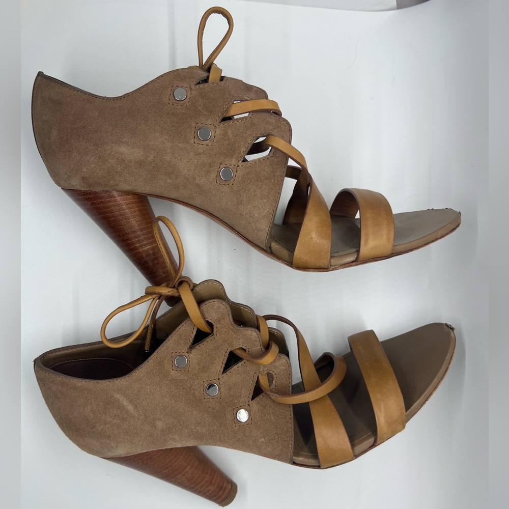 TOD’S Strappy Brown Suede Leather Heels Sz 37.5 7.5 Designer Classy